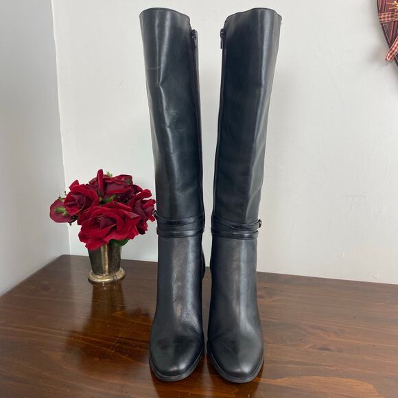 Apostrophe Women’s Black Leather Knee High Boots Size 8 Side Zip Buckle - Picture 2 of 8